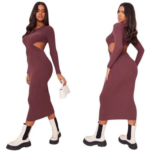 Pretty Little Thing Brushed Rib Cross Waist Long Sleeve Maxi Dress SZ 8 NWT $49 - Picture 1 of 13
